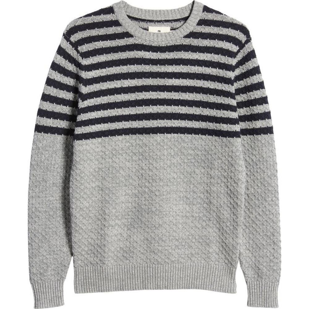 The Normal Brand Cotton Pique Stitch Crewneck Sweater Grey Navy Stripe Mens M‎